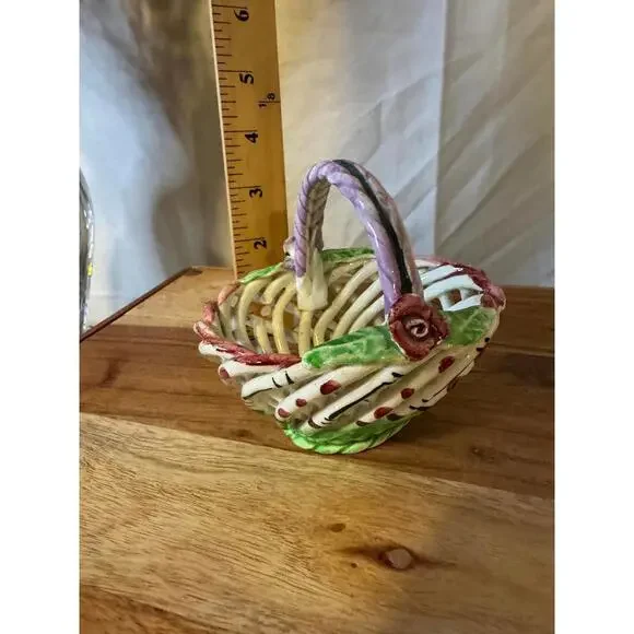 Vintage Spanish Hand-Painted Woven Lattice Pottery Basket Trinket Dish - Picture 7 of 10